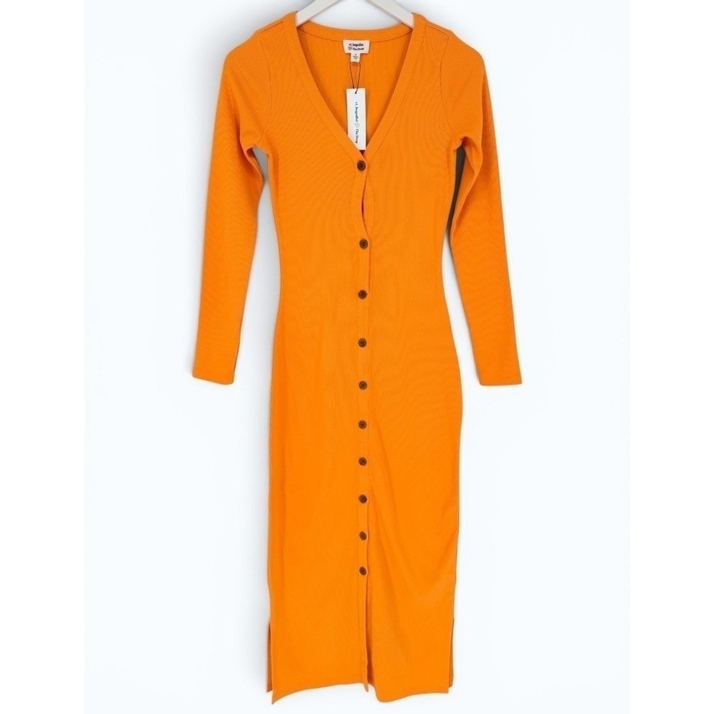 NEW The Drop Ribbed Button Front Midi Dress Orange Long Sleeve Size 3XL